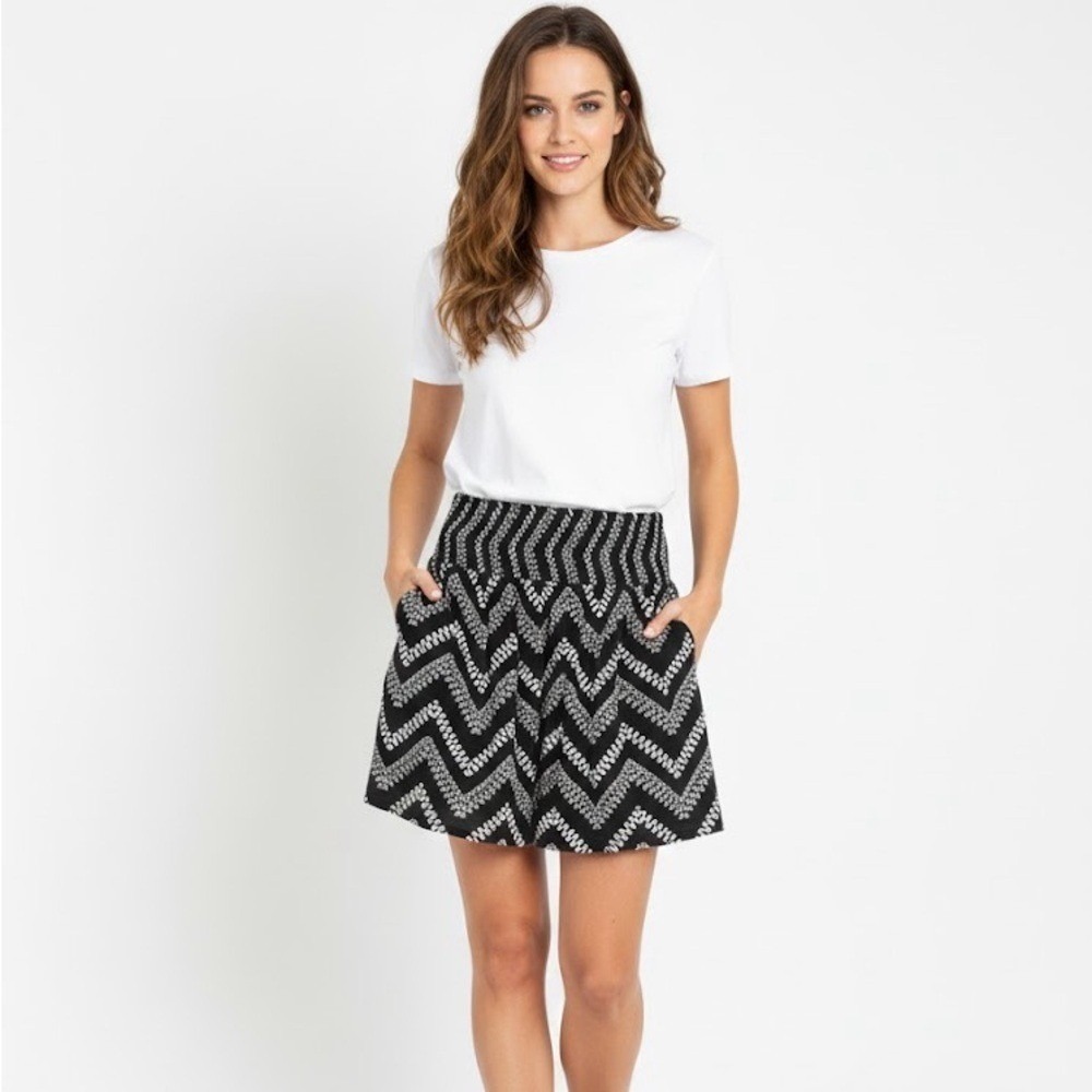 Joe B by Joe Benbasset Smocked Waist A-Line Skirt Chevron Black White Medium